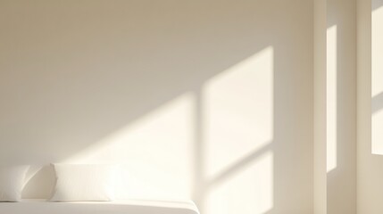 Fototapeta premium Minimalist bedroom with sunlight streaming through window onto bed and wall.