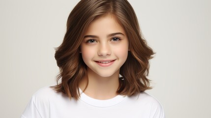 Naklejka premium Smiling girl in white studio setting a clean and versatile background for creative projects