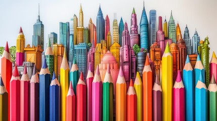 Colorful pencil cityscape skyline illustration.