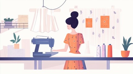 Woman, clothes and fashion designer with sewing machine for retail production or manufacturing garment. Female person, seamstress or dressmaker with material for handmade fabric in small
