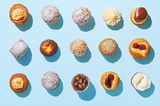 Assorted Mini Cakes Arranged on Light Blue Background