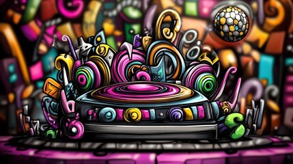 Colorful illustration of a turntable surrounded by music-themed doodles and a disco ball.