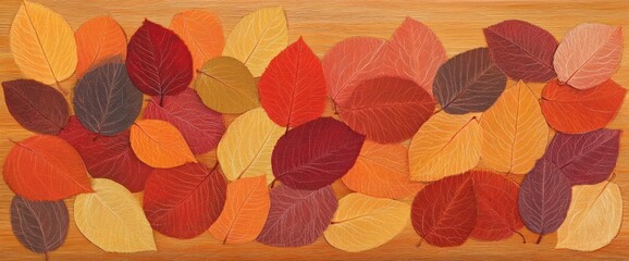 Fototapeta premium Autumn leaves arranged on wood.