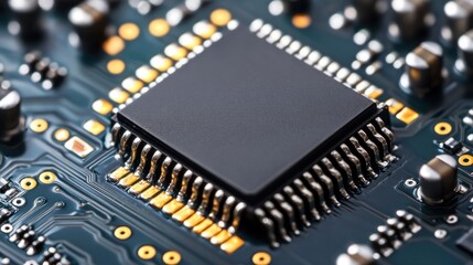 Close-up of a microchip on a circuit board.