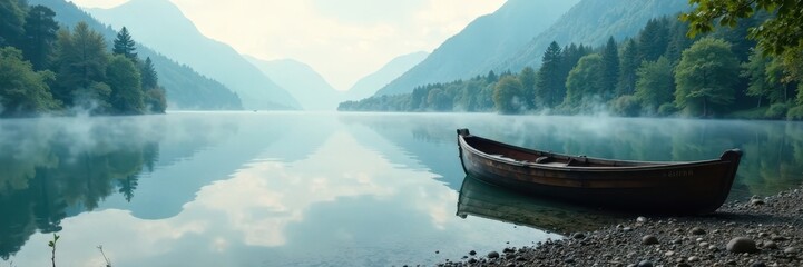 Obraz premium Misty lake shore with a wooden boat partially submerged, lake, water, sunset