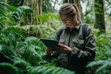 Fototapeta premium A Friendly Female Ecologist in a Forest Setting, Using a Tablet to Record Observations, Surrounded by Diverse Plant Life