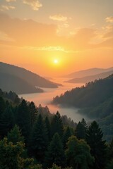 Naklejka premium Gradient gold sunrise over a serene landscape of trees and hills, with a misty fog rolling in , nature, trees, hills