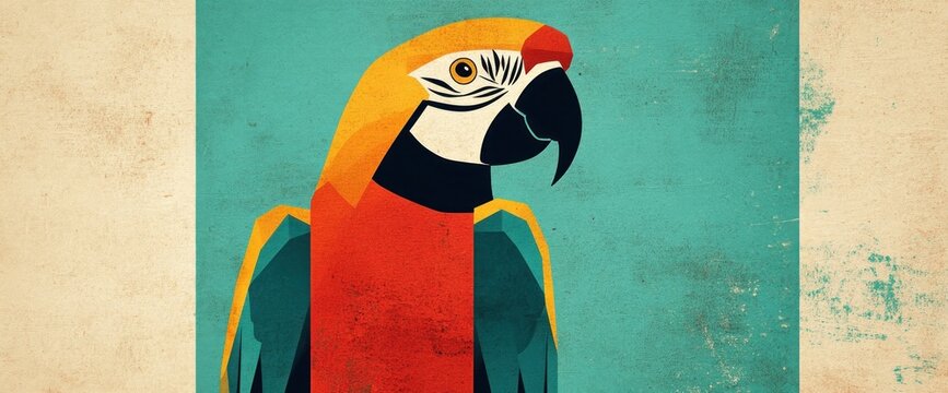 Geometric illustration of a scarlet macaw parrot on a teal background with a vintage texture.