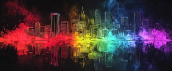 Fototapeta premium Vibrant cityscape reflected in water, engulfed in colorful smoke.