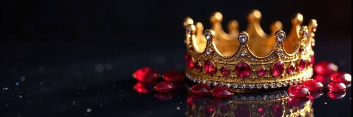 Regal gold crown sits atop dark mirror's surface surrounded by rubies and diamonds, radiating opulence, jewelry, royalty