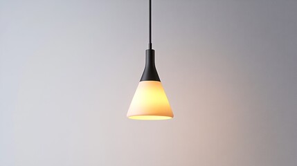 Illuminated modern pendant lamp hanging against a plain wall.