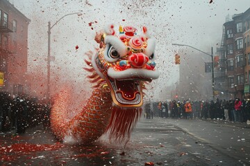 Lively dragon dance captivates crowds during festive celebration in bustling city street