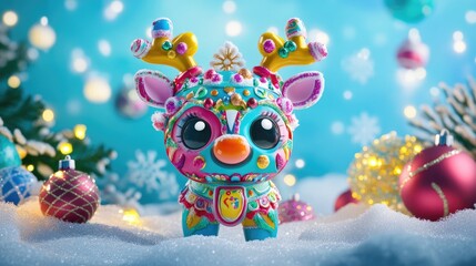 Fototapeta premium A colorful, festive reindeer figurine surrounded by snow and holiday decorations.