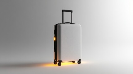 White carry-on suitcase on wheels with illuminated base, isolated on white background.