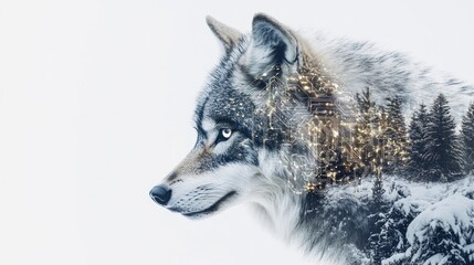 Fototapeta premium Wolf profile double exposure with winter forest.