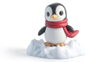 Obraz premium Cute cartoon penguin wearing a red scarf standing on an iceberg.