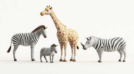 Obraz premium Cartoon giraffe, zebra, rhino, and foal on white background.