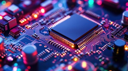 Close-up of illuminated central processing unit on circuit board.