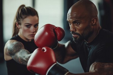 personal trainer demonstrating boxing techniques with a client, punching mitts in hand at gym, workout session