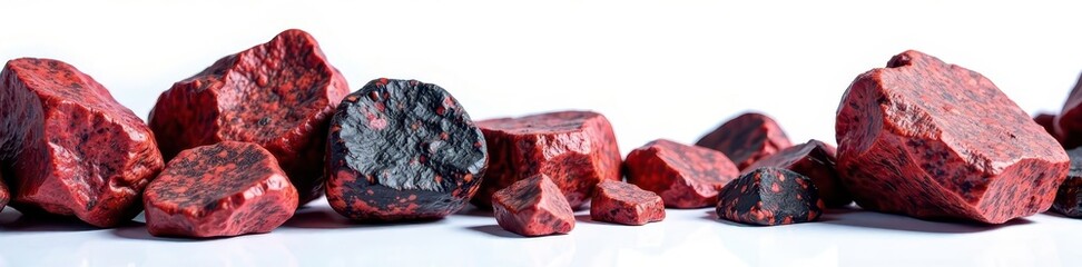 Obraz premium Close-up of reddish black basalt rocks against white background, basalt, rock texture, black and red