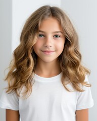 Fototapeta premium Smiling girl in a bright studio a versatile and clean background for creative projects
