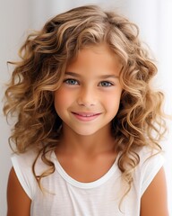 Naklejka premium Cheerful girl posed against simple white background for creative projects and versatile use