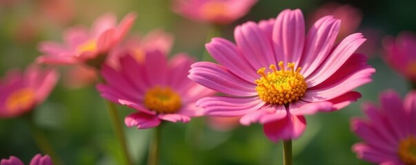 Obraz premium Close-up of vibrant bellis perennis against blurred spring background, daisy, flowers, pastel