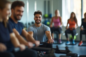personal trainer motivating a client on the rowing machine, with other gym-goers exercising in the background