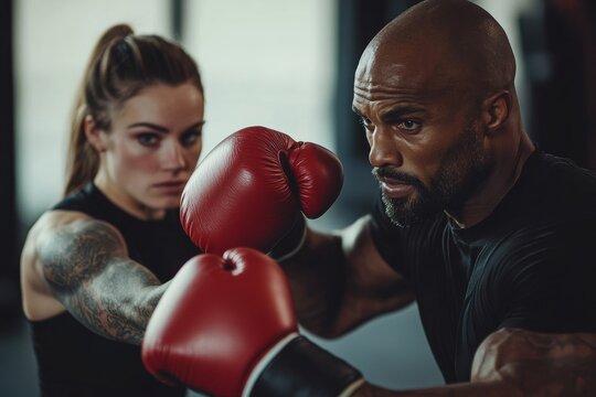 personal trainer demonstrating boxing techniques with a client, punching mitts in hand at gym, workout session