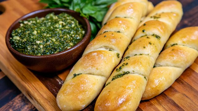 Delicious breadsticks served with fresh pesto sauce on a wooden platter in a cozy dining setting