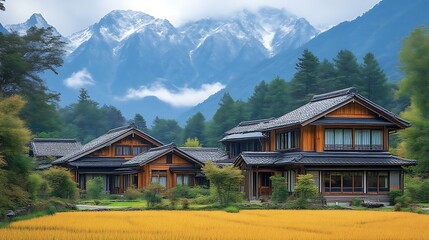 Fototapeta premium Mountain View Houses Rustic Asian Style Architecture