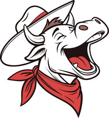 A humorous and lively illustration of a cow laughing heartily, wearing a classic cowboy hat and a red bandana around its neck.  