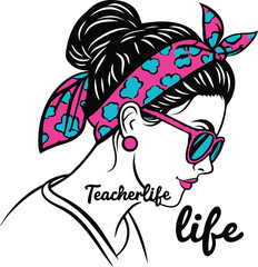 A stylish and modern illustration of a teacher with a high bun hairstyle, adorned with a vibrant pink and blue leopard-print headband tied into a bow 