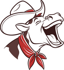 A humorous and lively illustration of a cow laughing heartily, wearing a classic cowboy hat and a red bandana around its neck.  