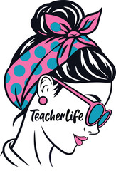 A stylish and modern illustration of a teacher with a high bun hairstyle, adorned with a vibrant pink and blue leopard-print headband tied into a bow 