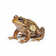 Naklejka premium A beautifully crafted frog statue featuring intricate details and a unique gold coin design, perfect for nature enthusiasts.