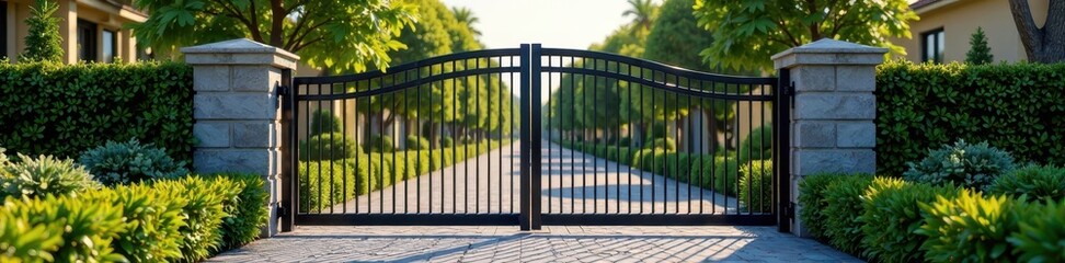 Durable aluminum gate, secures suburban property, yard, reliable, gate