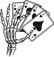 A gothic and striking illustration of a black and white skeletal hand grasping four aces from a deck of cards, exuding a mysterious and eerie vibe .