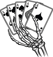 A gothic and striking illustration of a black and white skeletal hand grasping four aces from a deck of cards, exuding a mysterious and eerie vibe .
