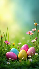 Fototapeta premium Vibrant Easter eggs nestled among tall wildflowers and grasses in a sunny meadow, grasses, sunshine