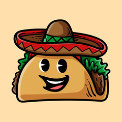 funny cartoon character of taco wear sombrero hat isolated colored drawing line art style sketch classic vintage design illustration