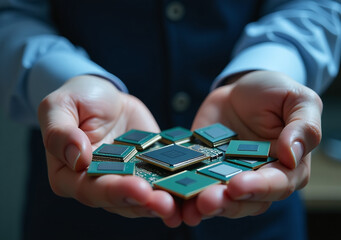 man holds many chips cropped image engineering concepts chip development related services displayed