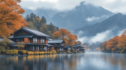 Autumnal Mountain Lake Houses Scenic View