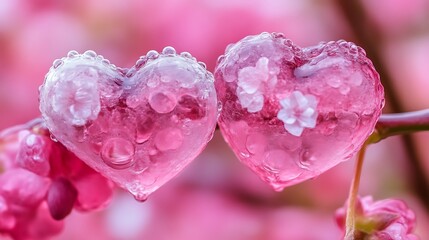 Fototapeta premium Two Pink Ice Hearts with Flowers Inside