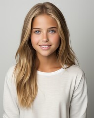 Obraz premium Smiling girl posed in a clean white studio setting ideal for creative projects and photography