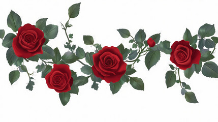 Elegant red rose garland with green leaves on transparent background. Sunrise. Illustration
