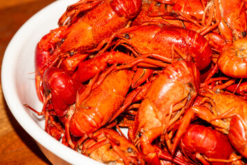 Boiled red crawfishon close up top of view
