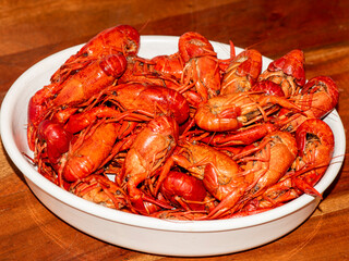 Boiled red crawfishon close up top of view