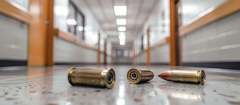 bullets on the floor of a deserted school corridor, active shooter, school shooting concept