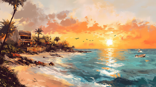 Peaceful sunrise on parque fundadores beach in playa del carmen, mexico , sunrise, parque fundadores, playa del carmen, mexico. Sunrise. Illustration
